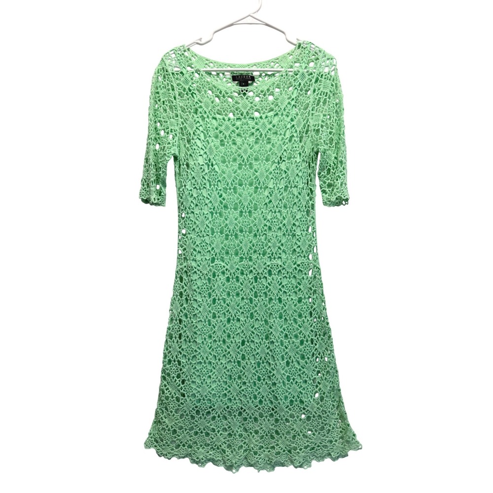 Lauren Ralph Lauren Crochet Dress Lace Midi Medium Mint Green Women 2 Pc